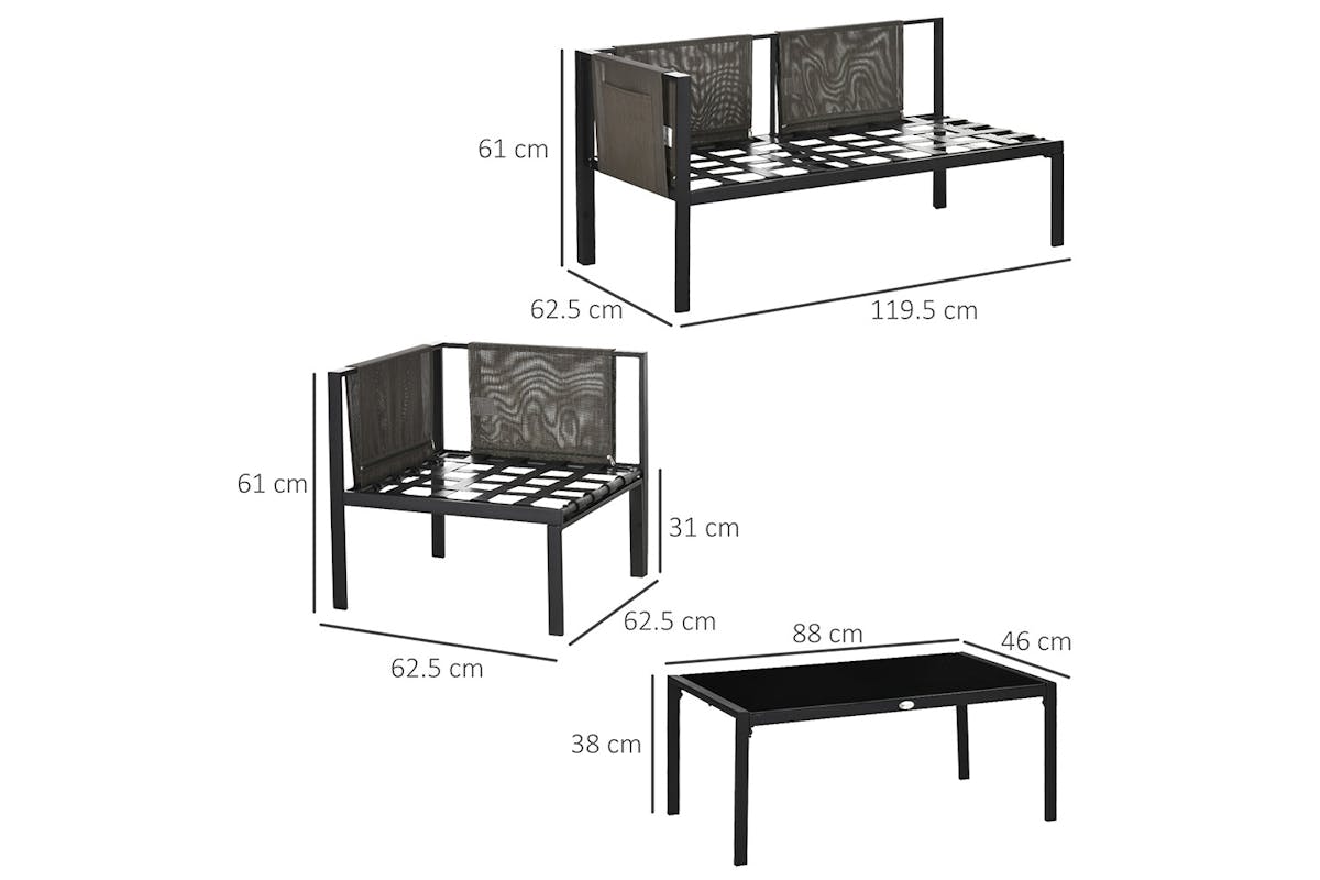 Outsunny Metal Garden Furniture Set with Glass Table & Mesh Pockets | 4 Pieces-8