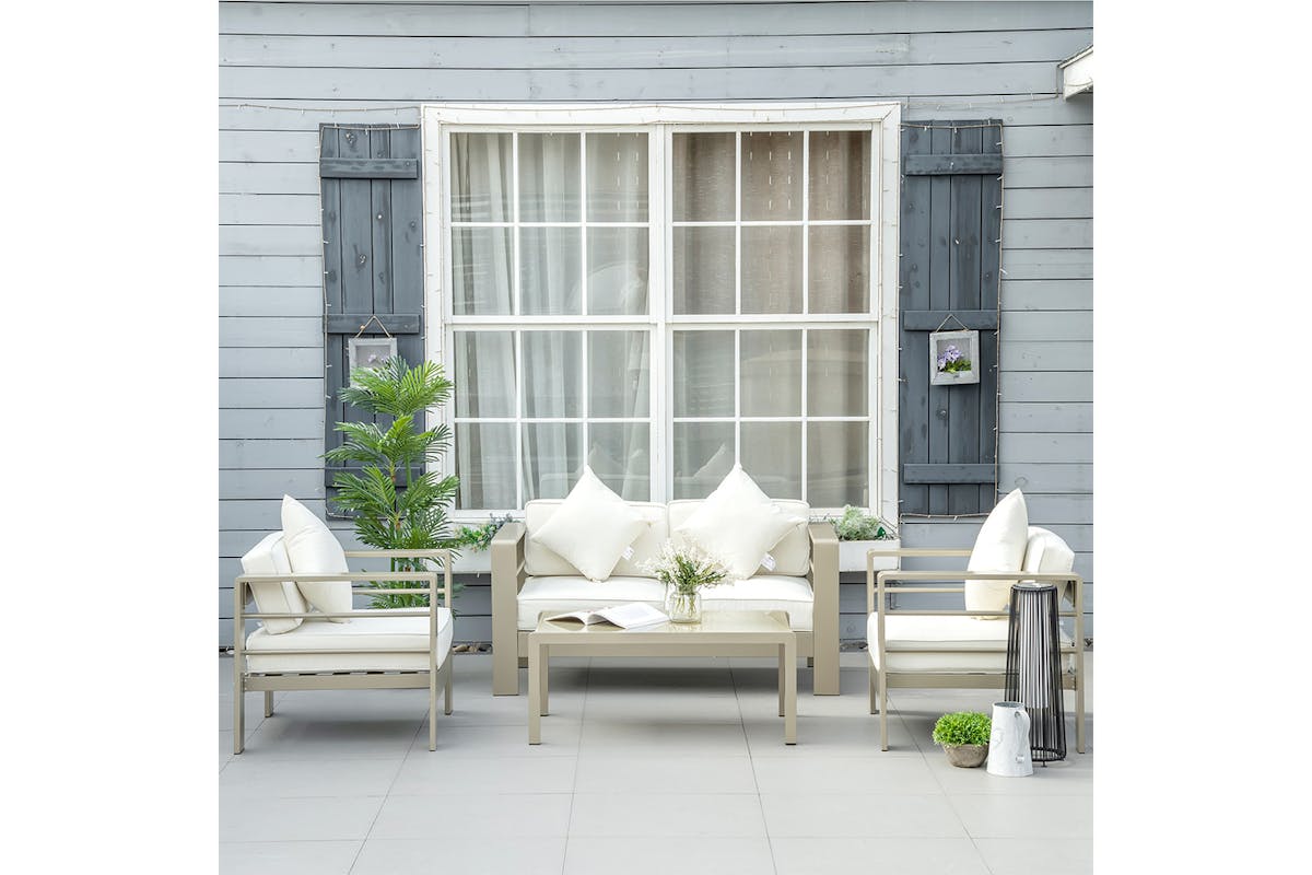 Outsunny Outdoor Garden Furniture Set with 2 Chairs, and Glass Top Table | Champagne gold/Light Khaki | 4 Pieces-2