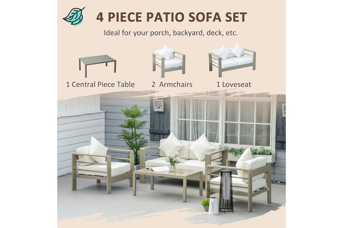 Outsunny Outdoor Garden Furniture Set with 2 Chairs, and Glass Top Table | Champagne gold/Light Khaki | 4 Pieces-3