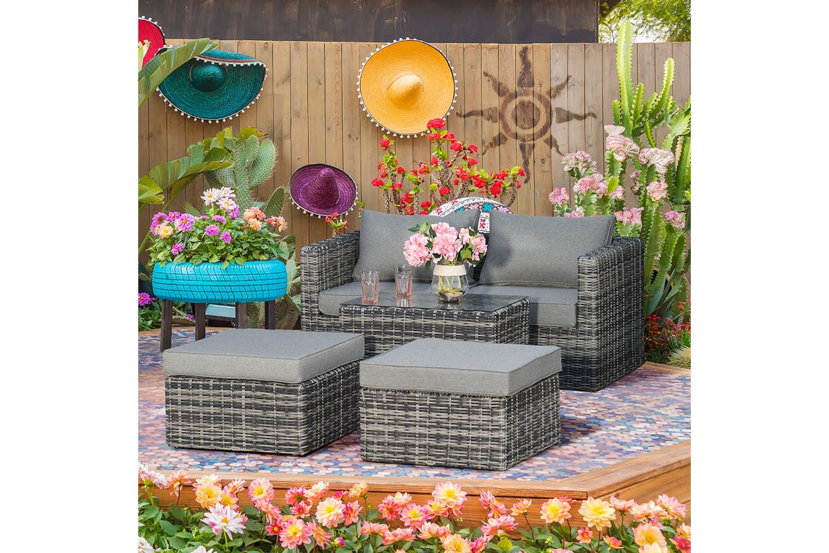 Outsunny Rattan Garden Sofa Set with Glass Top Table | 5 Pieces | Grey-2