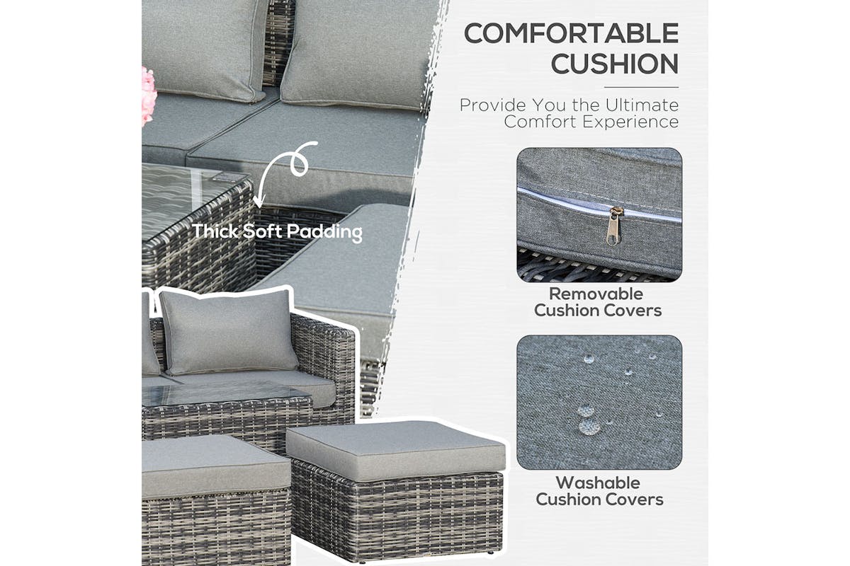 Outsunny Rattan Garden Sofa Set with Glass Top Table | 5 Pieces | Grey-4