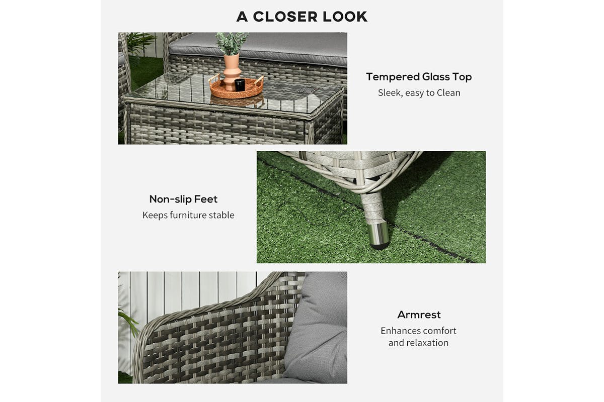 Outsunny Sofa Set with Glass Top Coffee Table | Grey-6