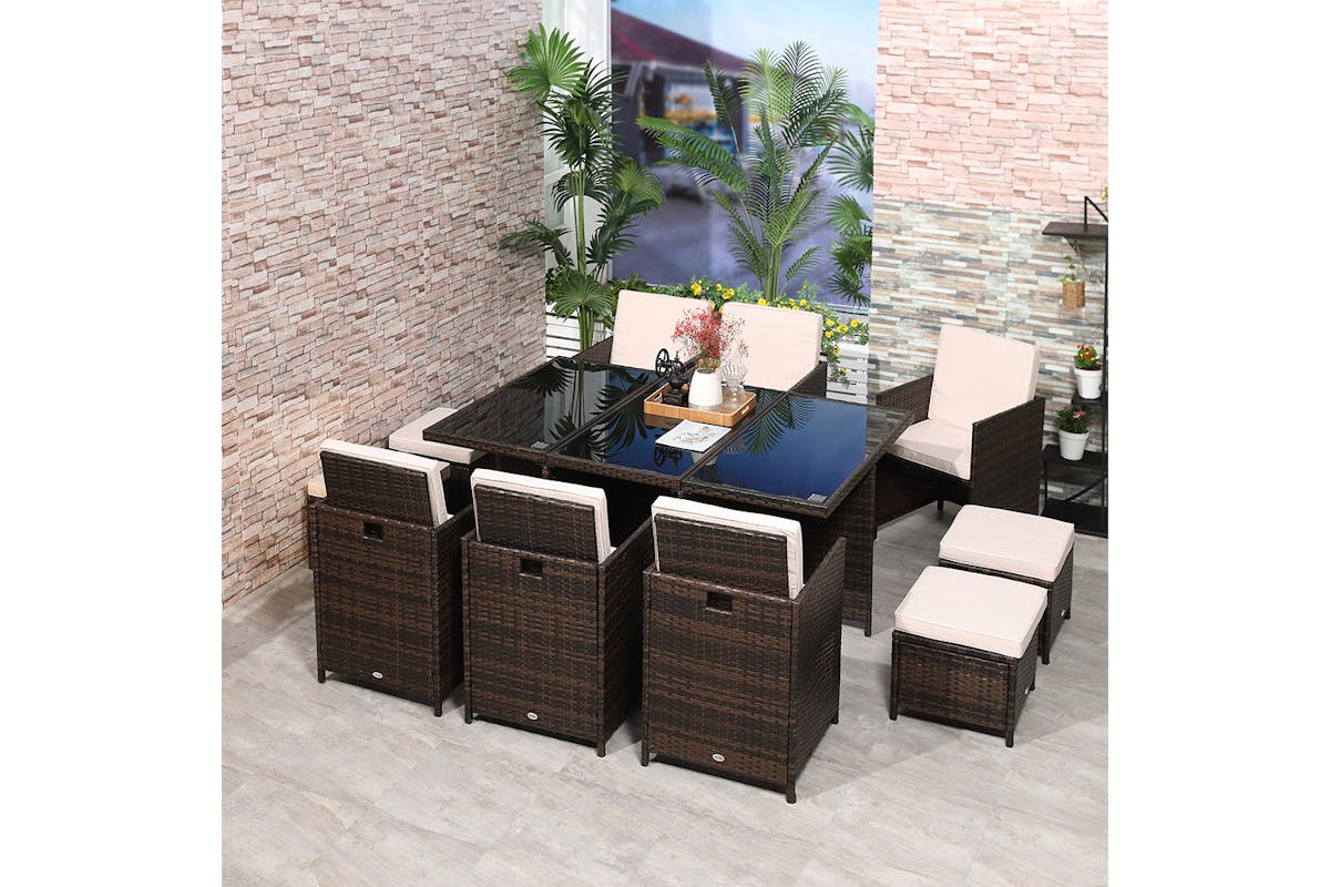 Outsunny 11 Seater Rattan Dining Set with Parasol Hole | Brown-2