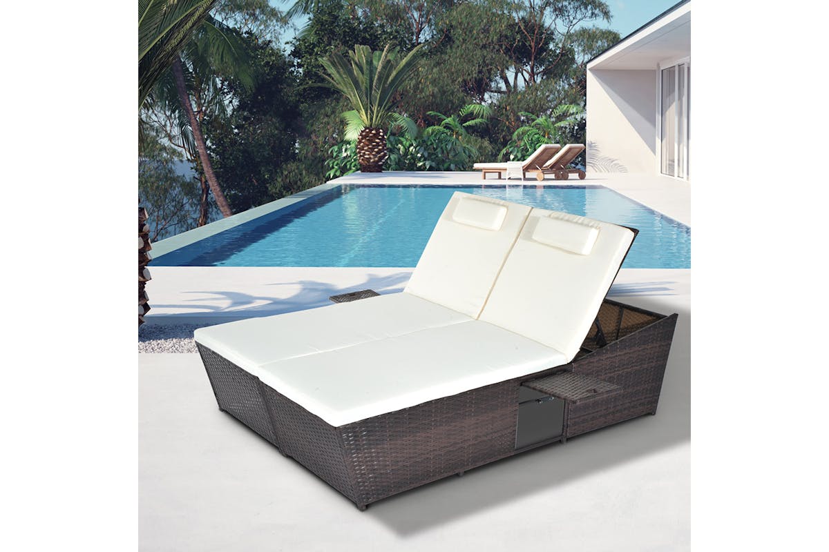 Outsunny 2 Seater Rattan Day Bed with Retractable Tray | Cream White-2