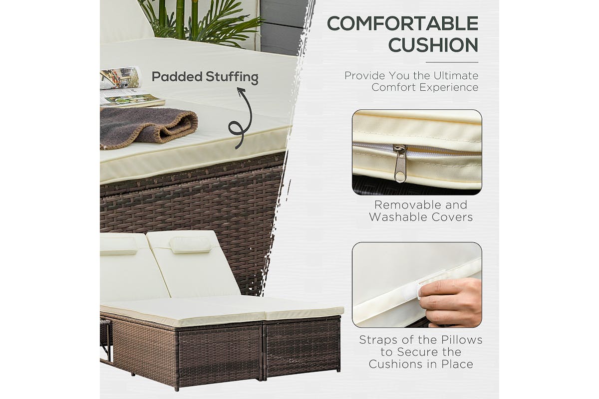 Outsunny 2 Seater Rattan Day Bed with Retractable Tray | Cream White-6