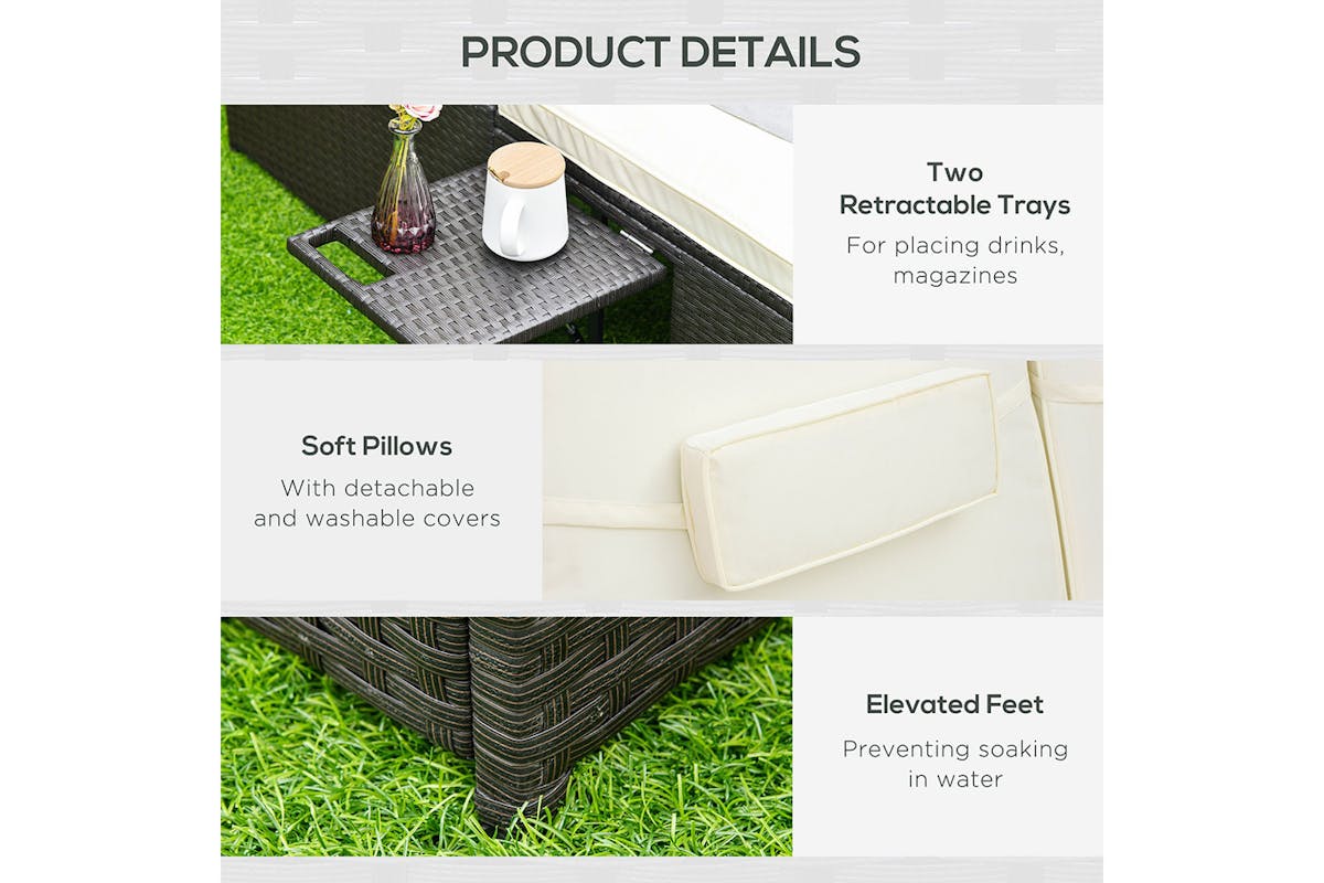 Outsunny 2 Seater Rattan Day Bed with Retractable Tray | Cream White-8