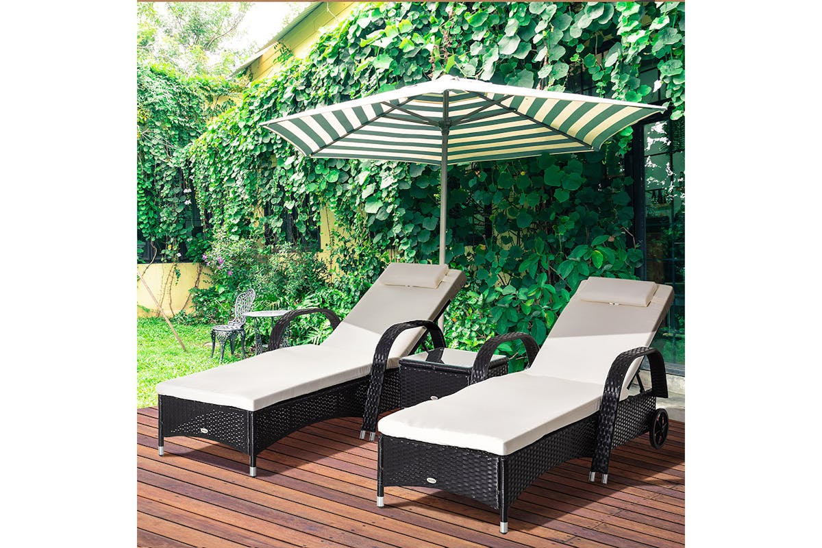 Outsunny Rattan Patio Lounge Chair Set with Cushion | Black/Cream White | 3 Pieces-2