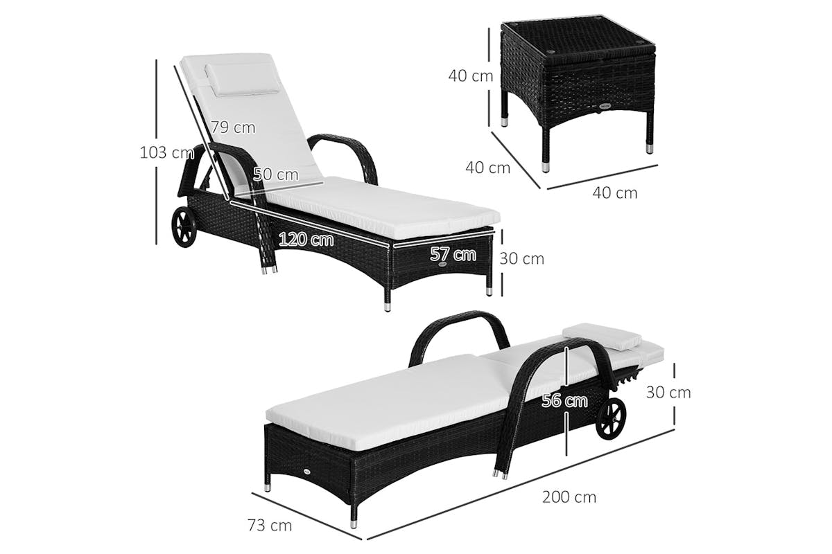Outsunny Rattan Patio Lounge Chair Set with Cushion | Black/Cream White | 3 Pieces-5