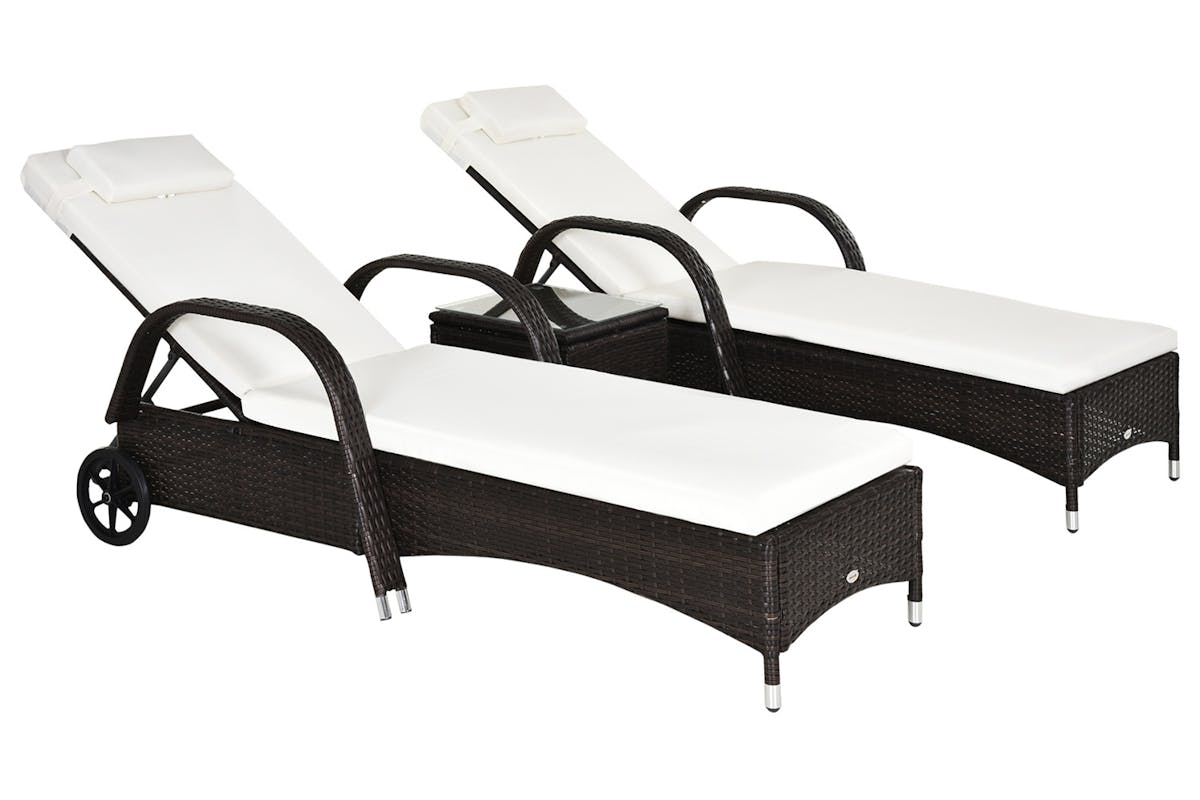 Outsunny Rattan Patio Lounge Chair Set with Cushion | Brown/Cream White  | 3 Pieces