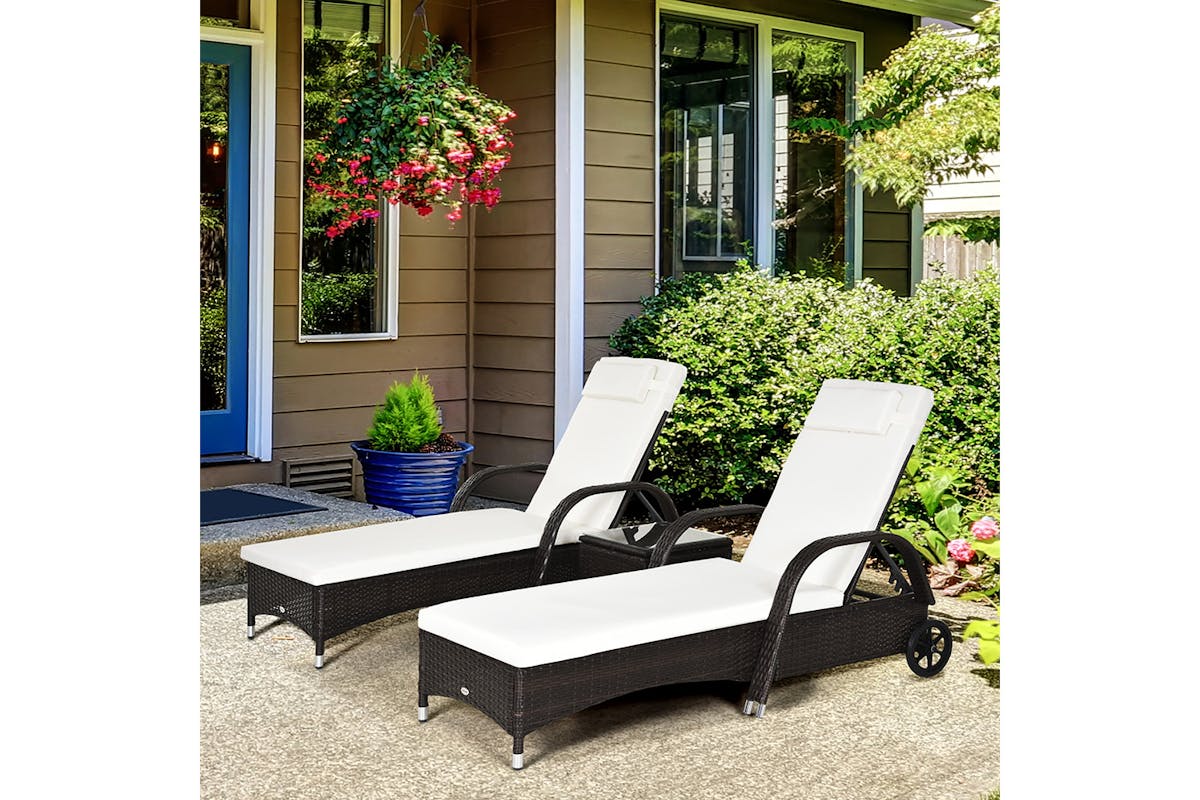 Outsunny Rattan Patio Lounge Chair Set with Cushion | Brown/Cream White  | 3 Pieces-2