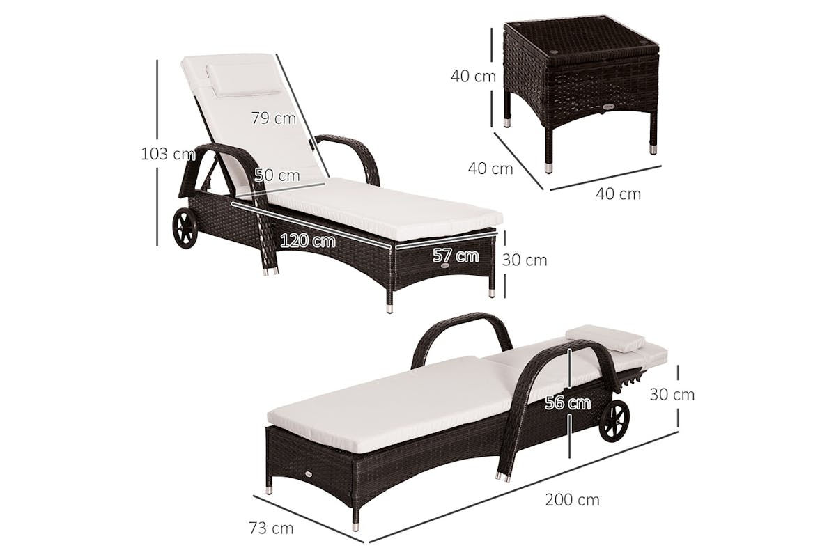 Outsunny Rattan Patio Lounge Chair Set with Cushion | Brown/Cream White  | 3 Pieces-5