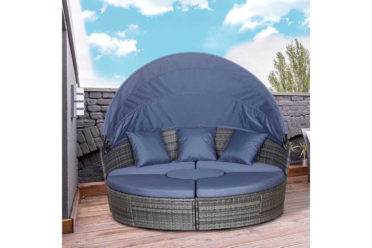 Outsunny 6 Seater Rattan Sun Bed Furniture Set | Grey/Blue | 5 Pieces-2