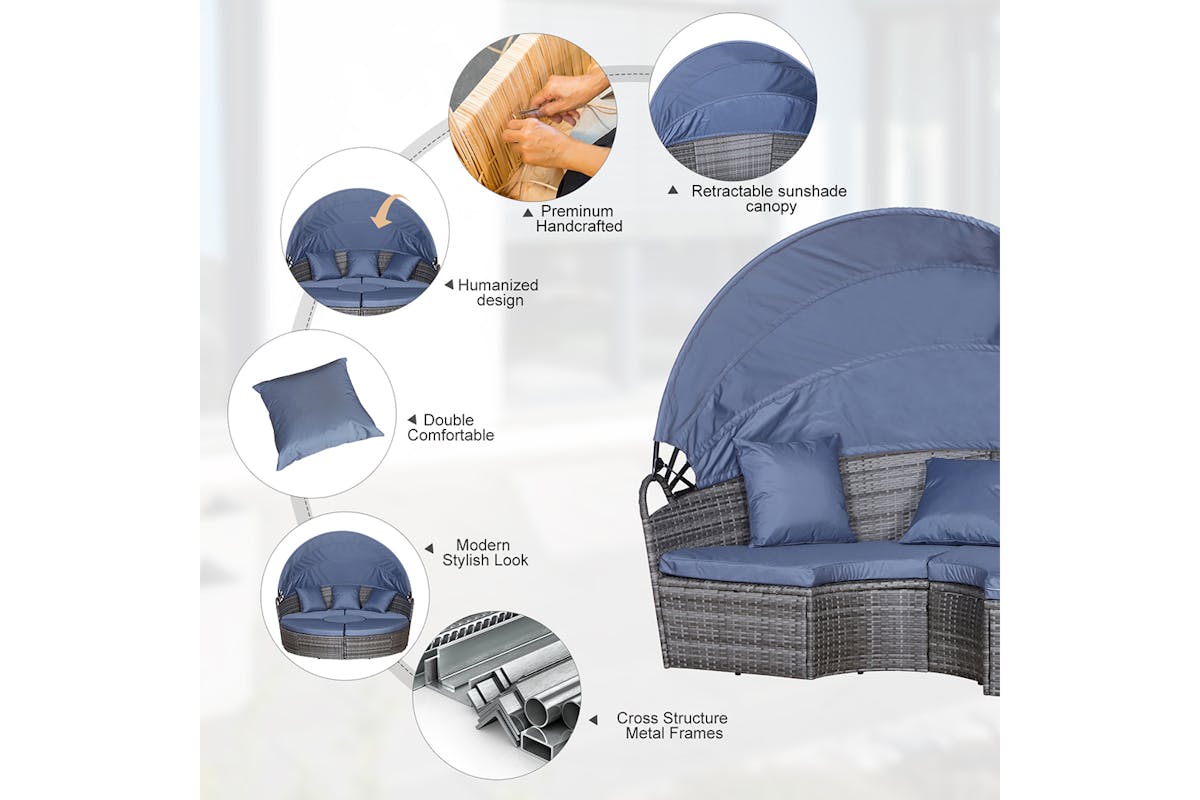 Outsunny 6 Seater Rattan Sun Bed Furniture Set | Grey/Blue | 5 Pieces-4