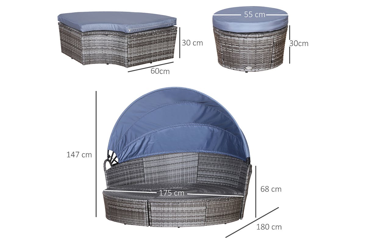 Outsunny 6 Seater Rattan Sun Bed Furniture Set | Grey/Blue | 5 Pieces-5