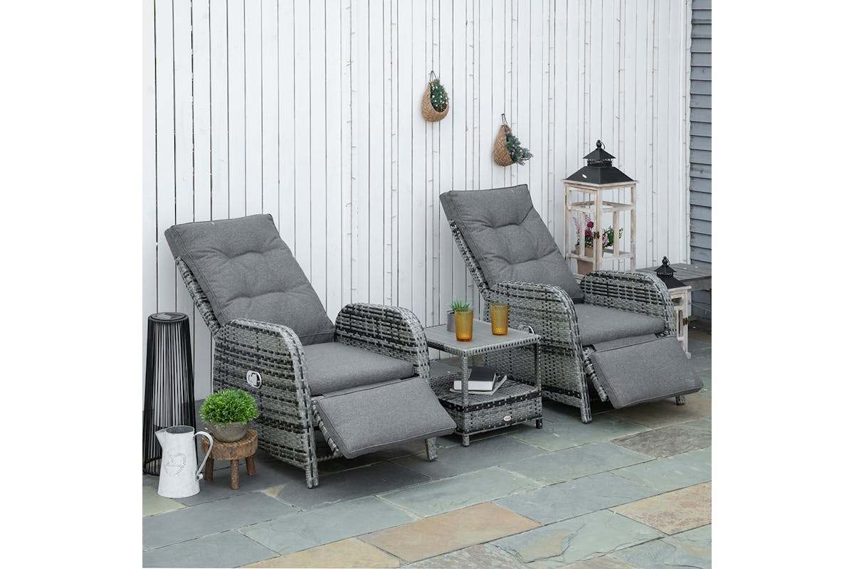 Outsunny Patio Rattan Wicker Chaise Lounge Sofa Set with Cushion | 3 Piece-2