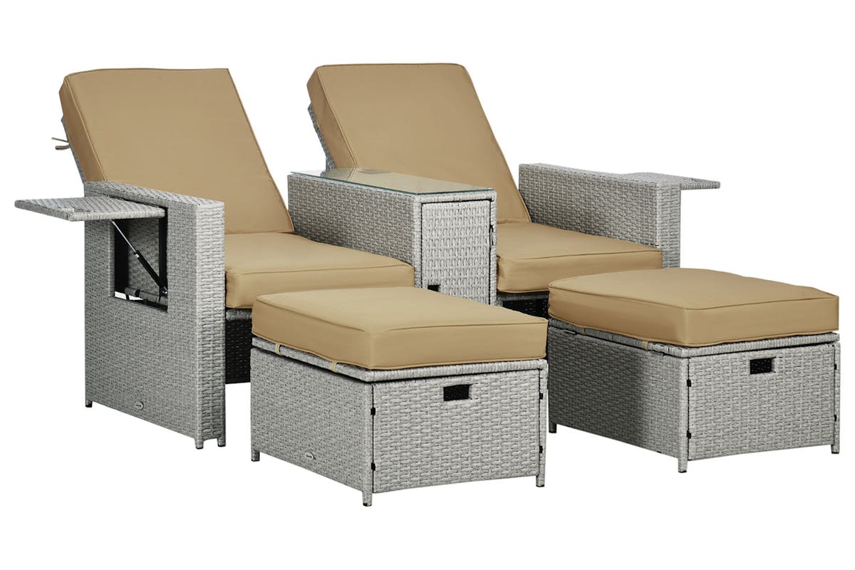 Outsunny Rattan Sun Lounger with Footstool | Khaki/Beige | 5 Pieces
