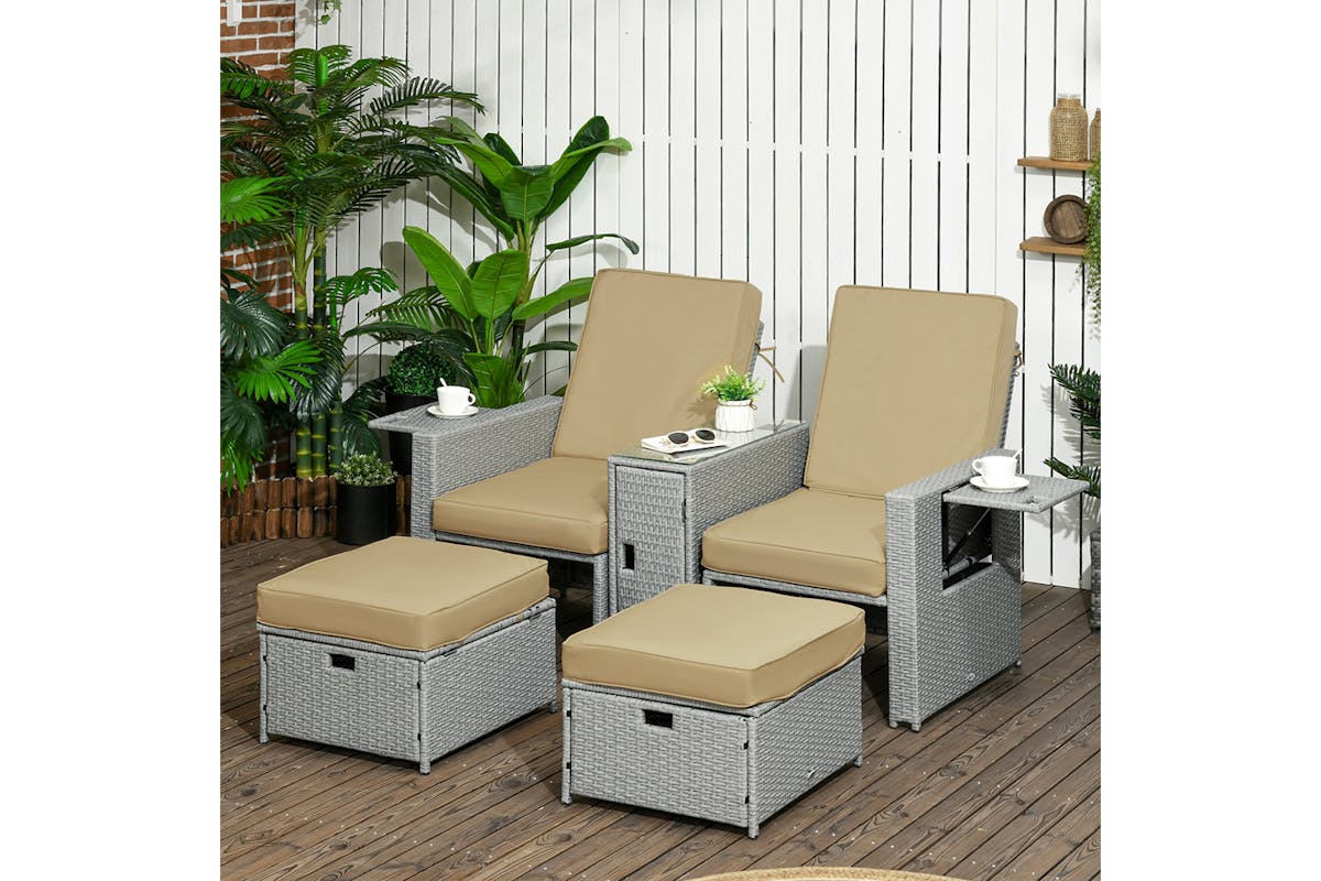 Outsunny Rattan Sun Lounger with Footstool | Khaki/Beige | 5 Pieces-2