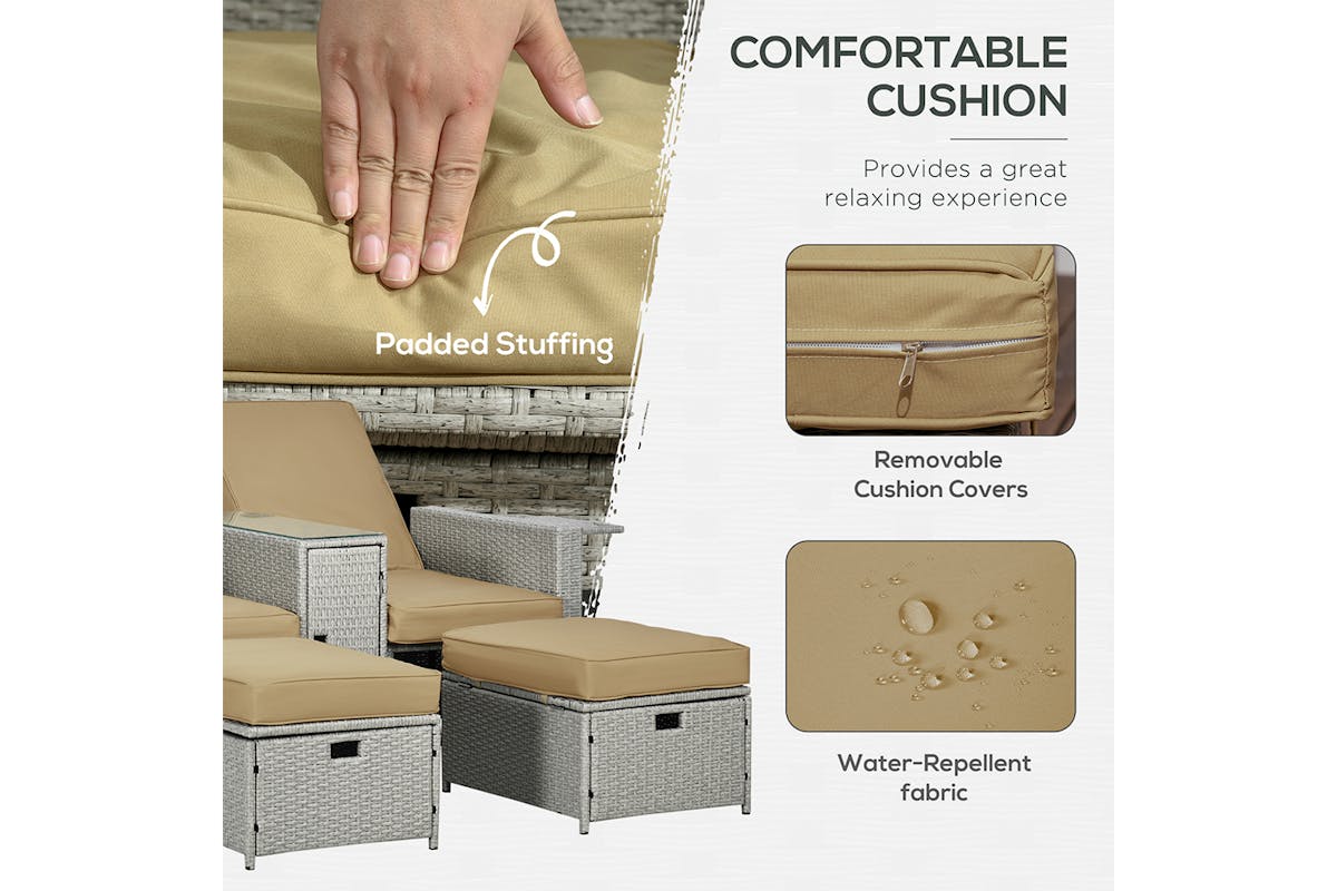 Outsunny Rattan Sun Lounger with Footstool | Khaki/Beige | 5 Pieces-4