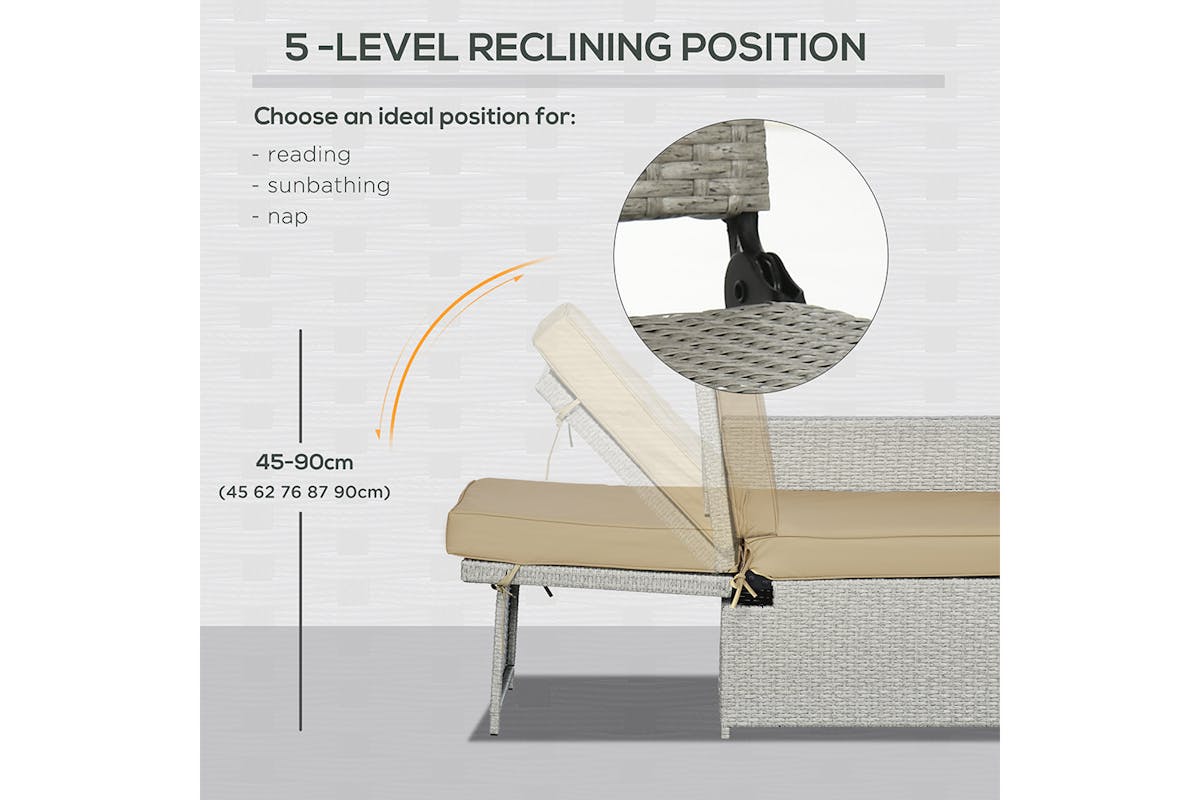 Outsunny Rattan Sun Lounger with Footstool | Khaki/Beige | 5 Pieces-6