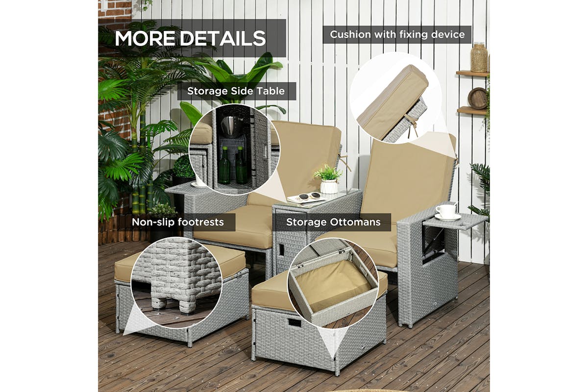 Outsunny Rattan Sun Lounger with Footstool | Khaki/Beige | 5 Pieces-7