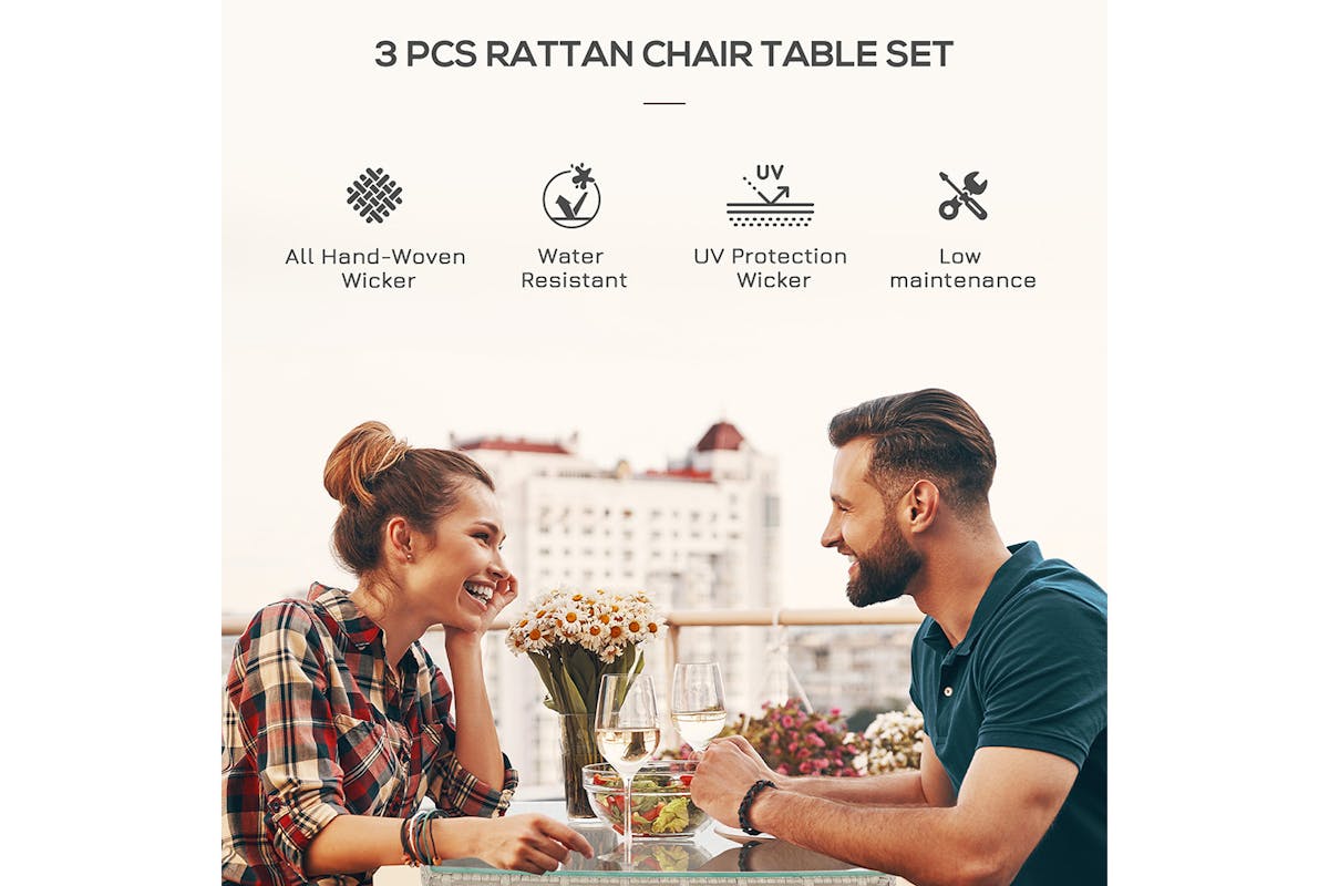 Outsunny Rattan Furniture Bistro Set Chair Table Set | Light Grey | 3 Pieces-3