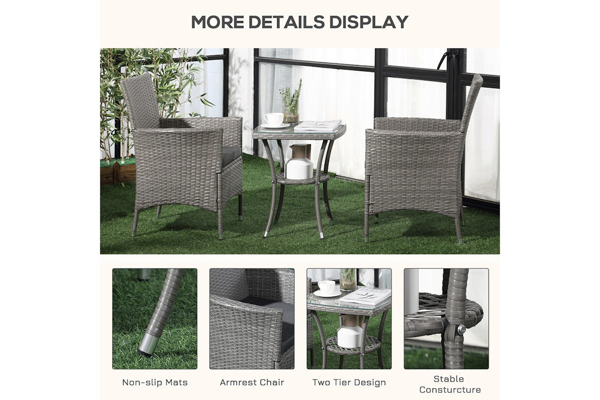 Outsunny Rattan Furniture Bistro Set Chair Table Set | Light Grey | 3 Pieces-4