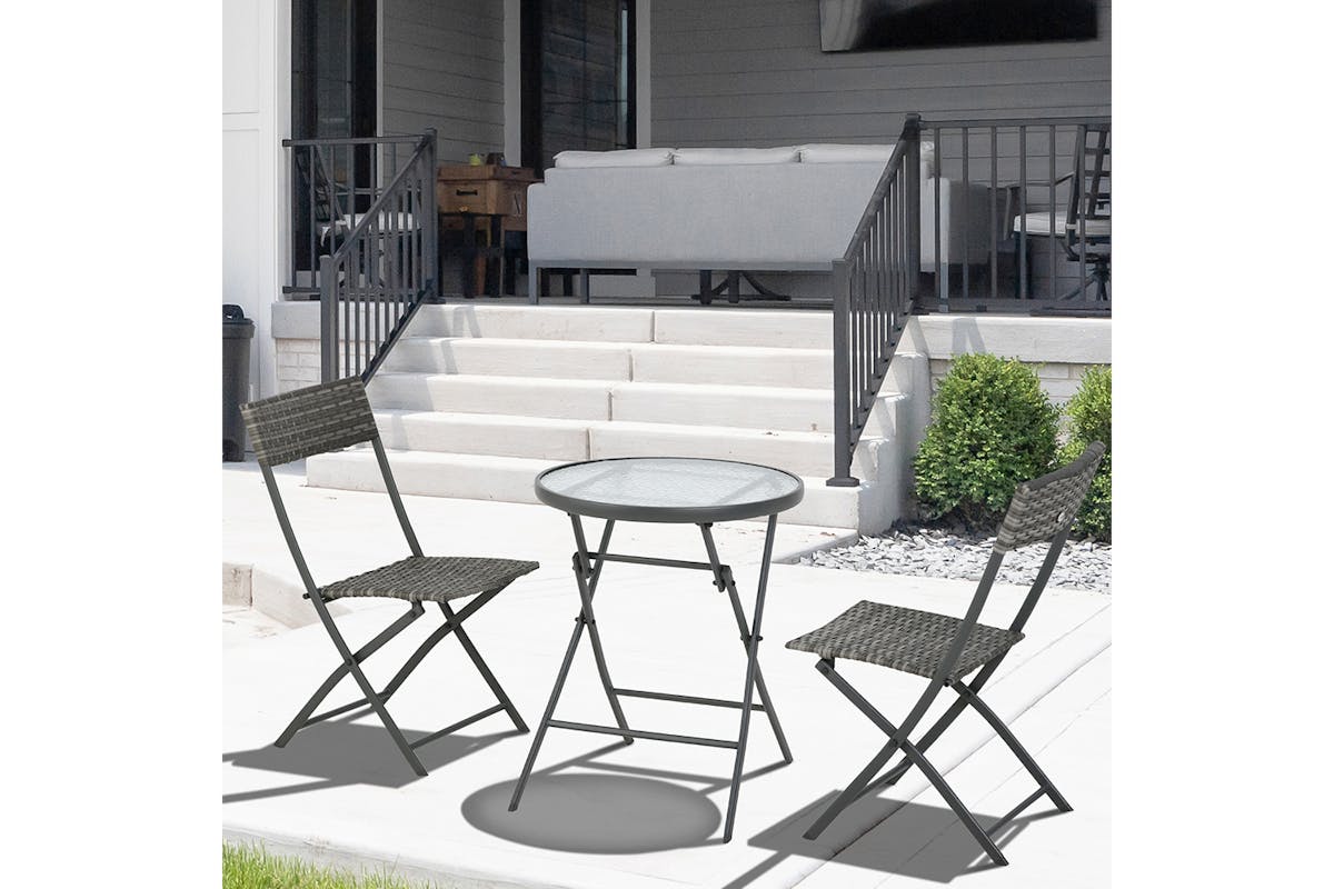 Outsunny Patio Wicker Bistro Set Table and Chair Set | Grey | 3 Pieces-2
