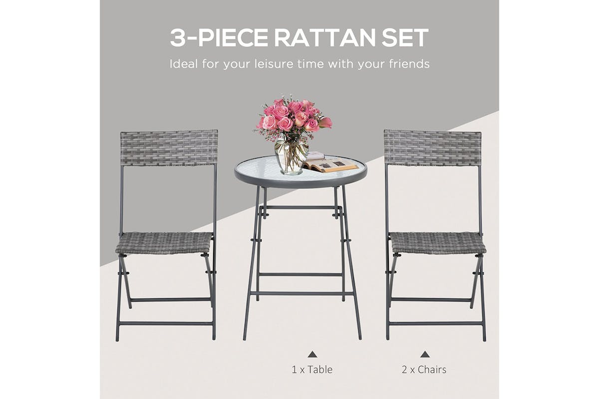 Outsunny Patio Wicker Bistro Set Table and Chair Set | Grey | 3 Pieces-3