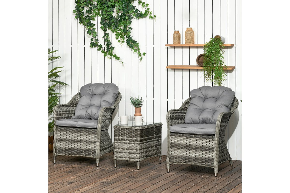 Outsunny Rattan Seating Set 2 Armchairs & Table with Cushions | 3 Pieces | Grey-2
