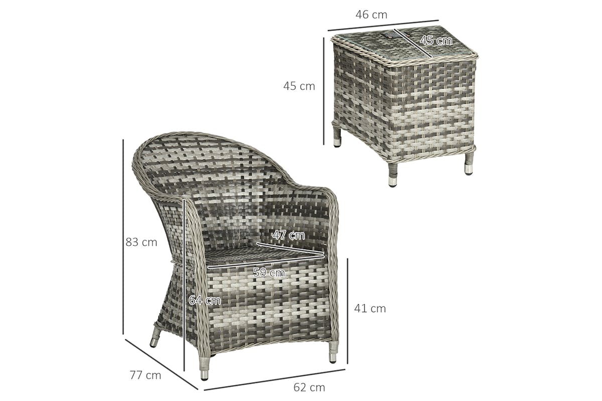 Outsunny Rattan Seating Set 2 Armchairs & Table with Cushions | 3 Pieces | Grey-8