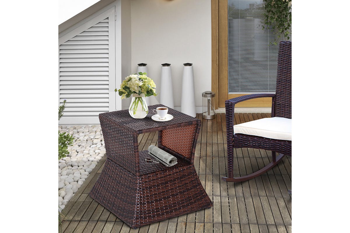 Outsunny Outdoor Patio Rattan Wicker Coffee Table with Umbrella Hole | Brown-2