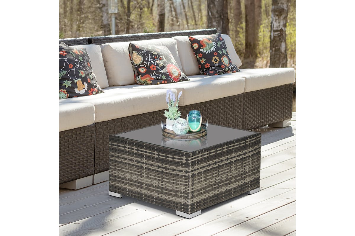 Outsunny Wicker Coffee Table with Glass Top | Deep Grey-2
