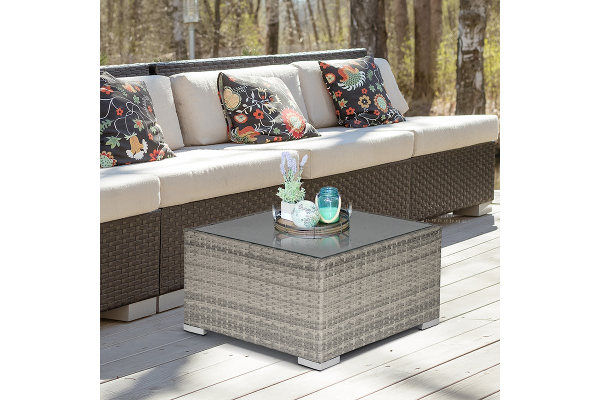 Outsunny Patio Wicker Coffee Table with Glass Top | Grey-2