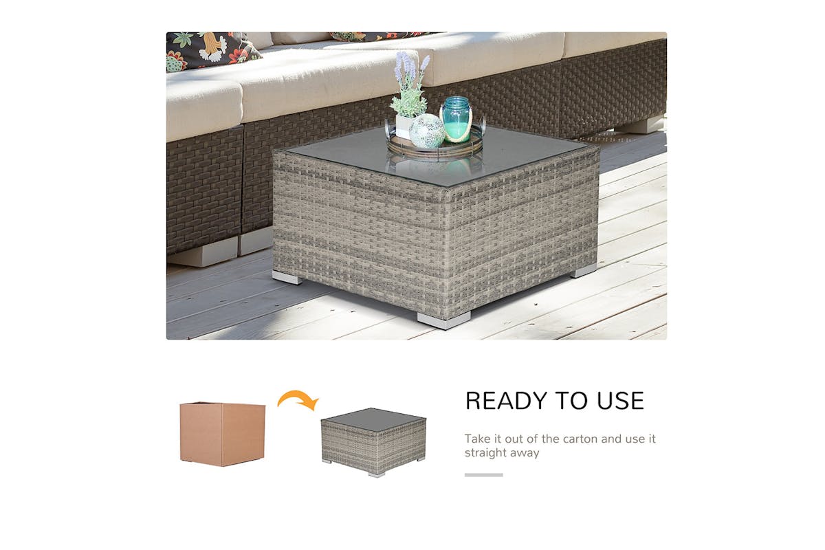 Outsunny Patio Wicker Coffee Table with Glass Top | Grey-3