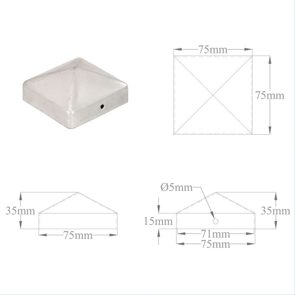 vidaXL 145489 Pyramid Fence Post Caps 6 Pcs Galvanised Metal 71x71mm-10