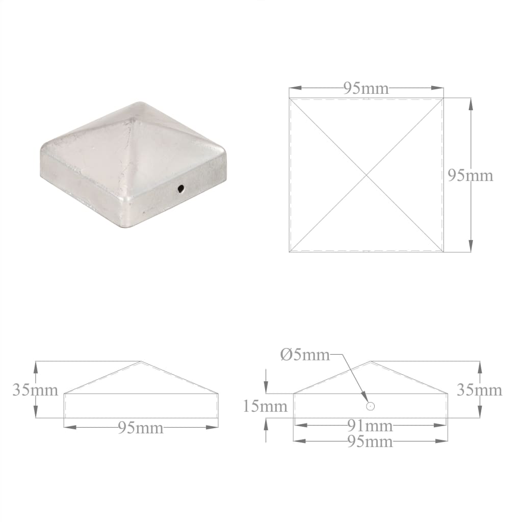 vidaXL 145491 Pyramid Fence Post Caps 6 Pcs Galvanised Metal 91x91mm-10