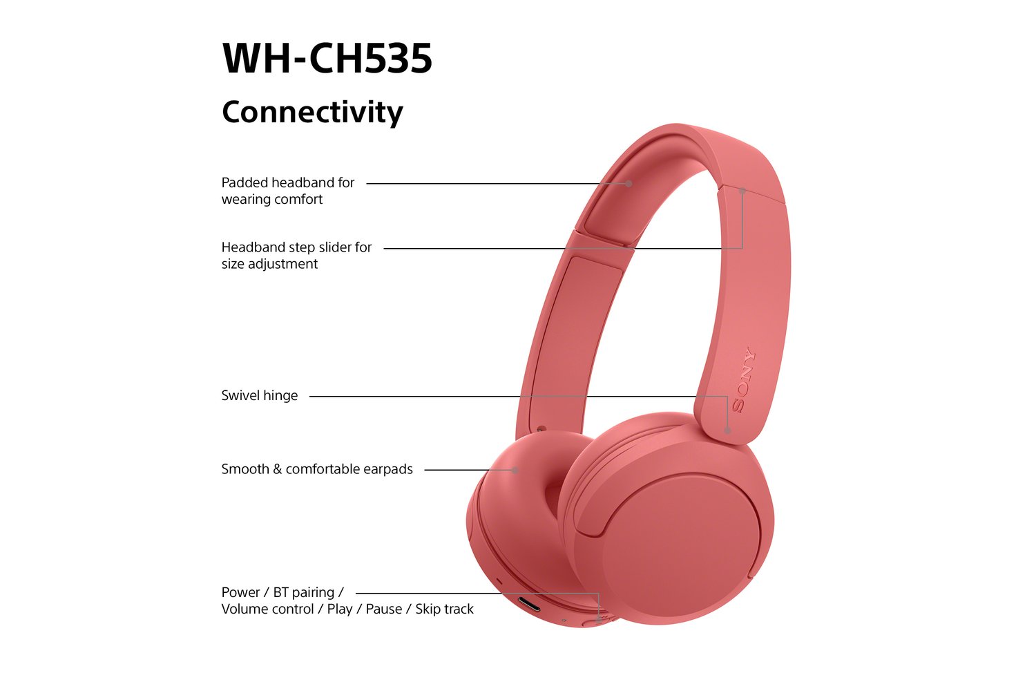 Sony WH-CH535 Wireless Bluetooth Headphones | Coral Red-8