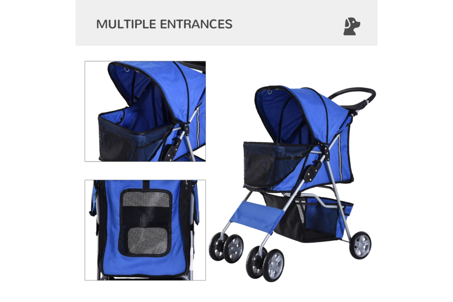 PawHut Foldable Cat Stroller Pram Pushchair | Blue/Silver-4