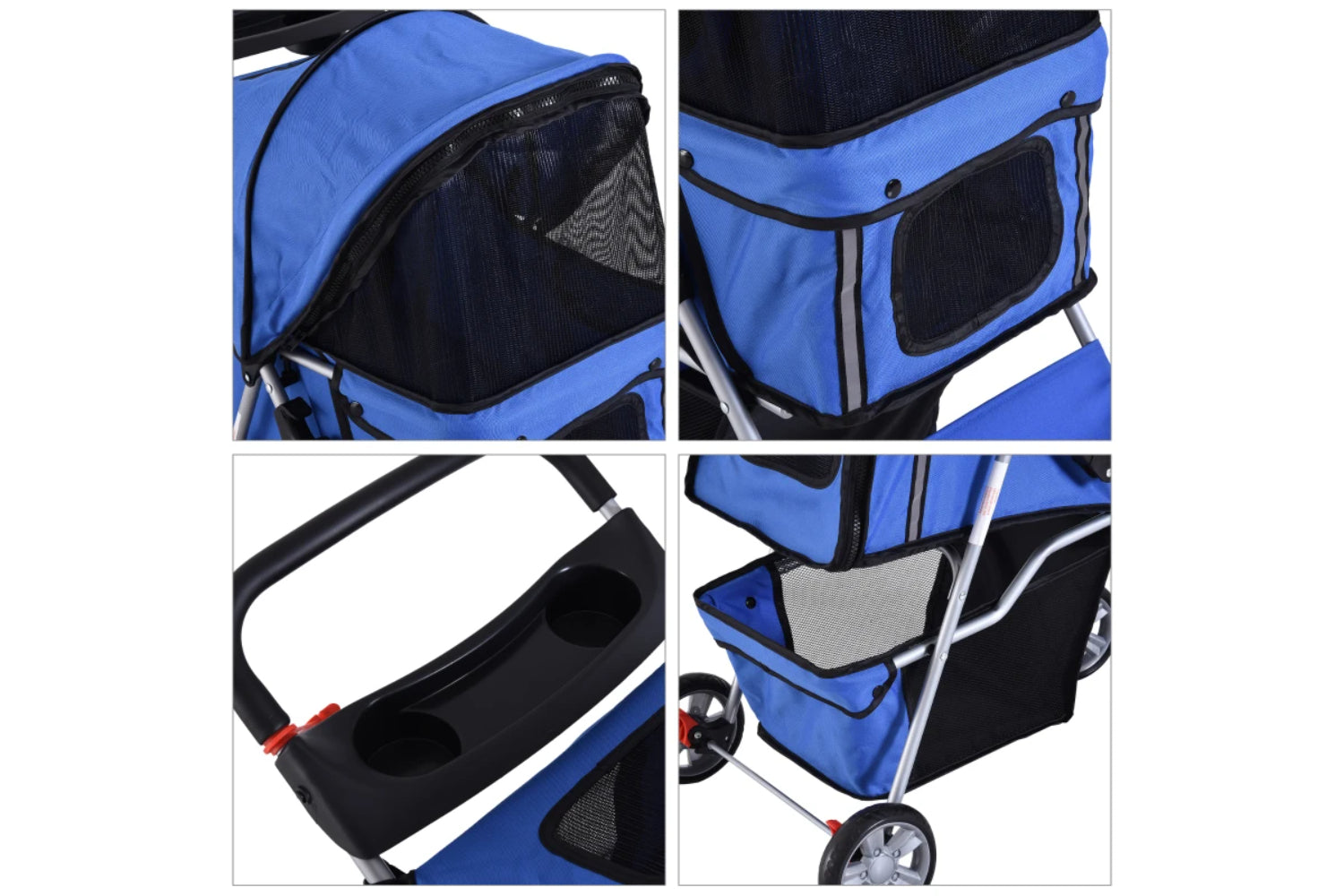 PawHut Foldable Cat Stroller Pram Pushchair | Blue/Silver-5