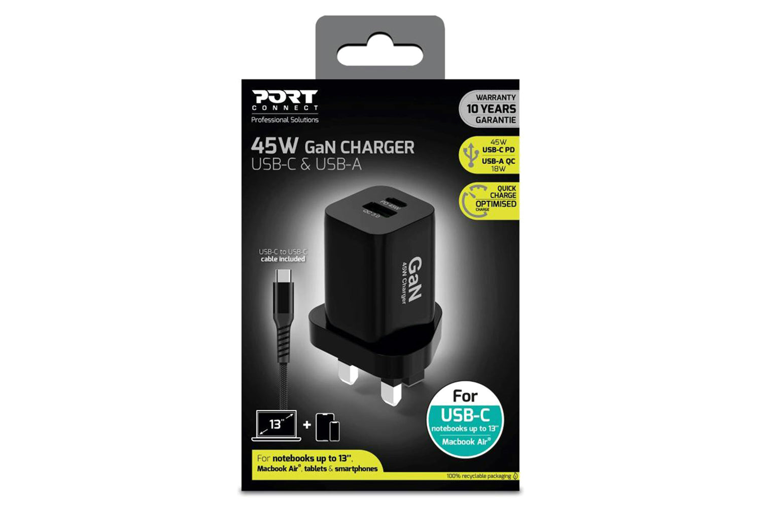 Port Designs 45W 2 Port GaN Wall Charger & UK USB-C Cable | 2m-12