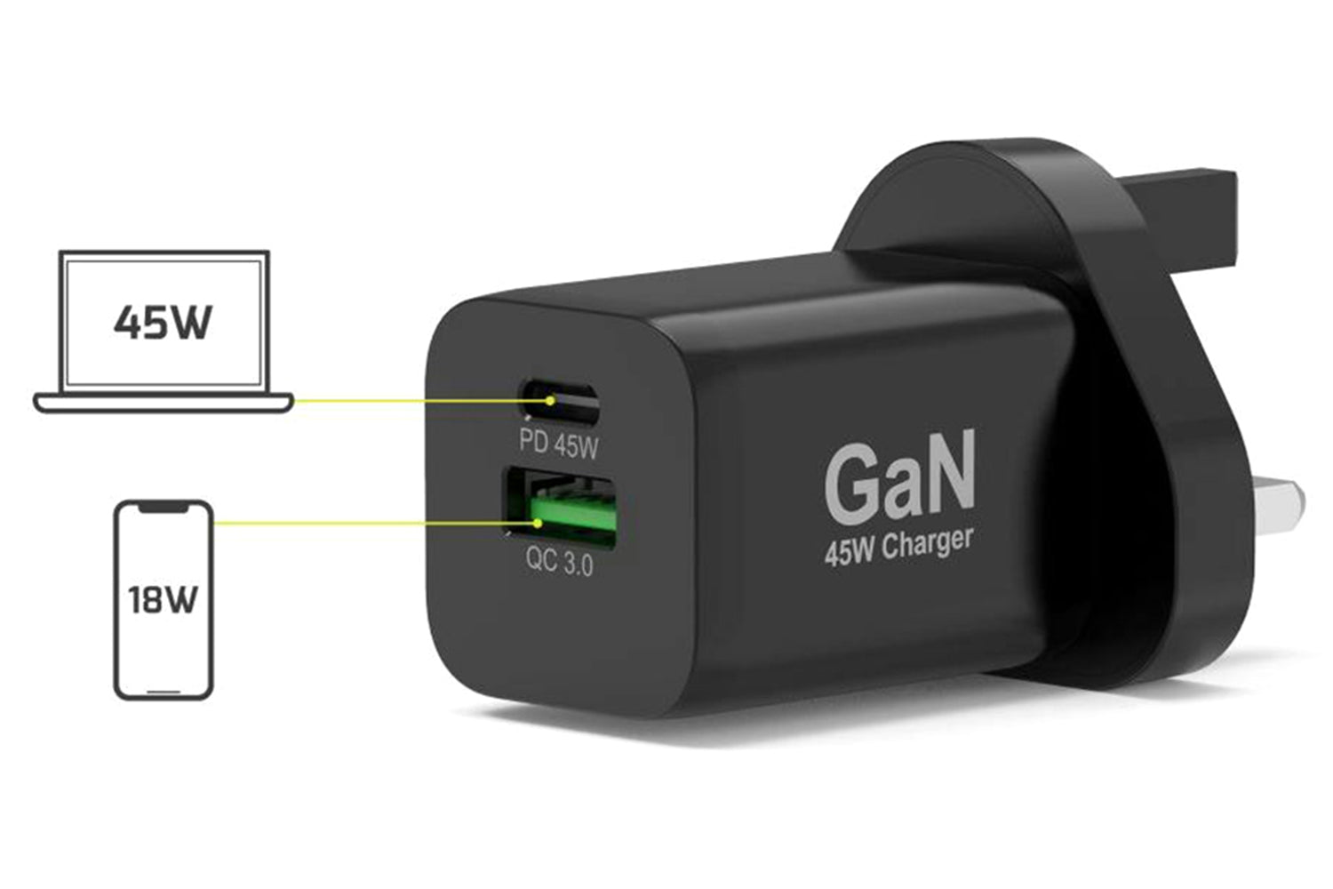 Port Designs 45W 2 Port GaN Wall Charger & UK USB-C Cable | 2m-5