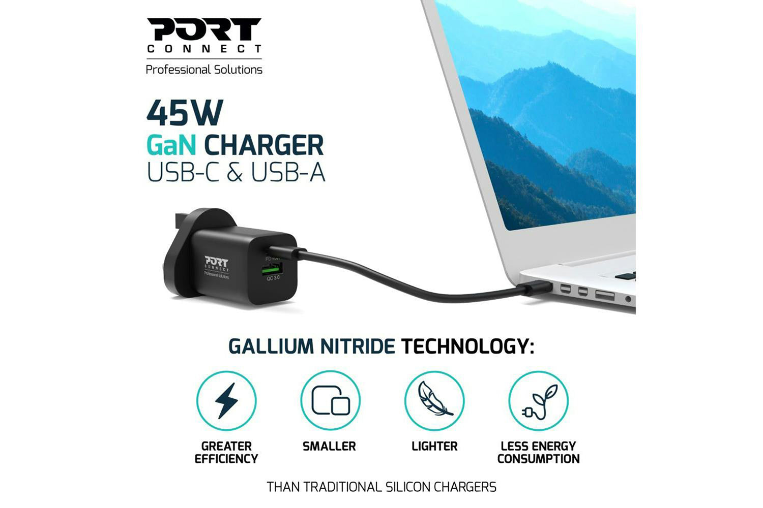 Port Designs 45W 2 Port GaN Wall Charger & UK USB-C Cable | 2m-8