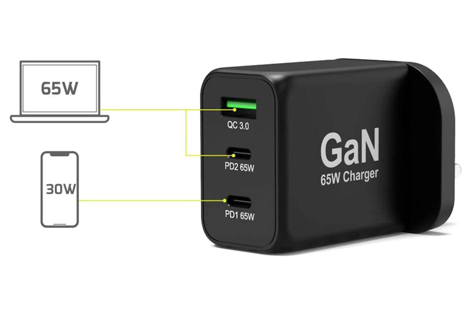 Port Designs 65W 3 Port GaN Wall Charger & UK USB-C Cable | 2m-6