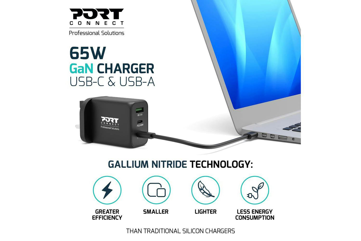 Port Designs 65W 3 Port GaN Wall Charger & UK USB-C Cable | 2m-8