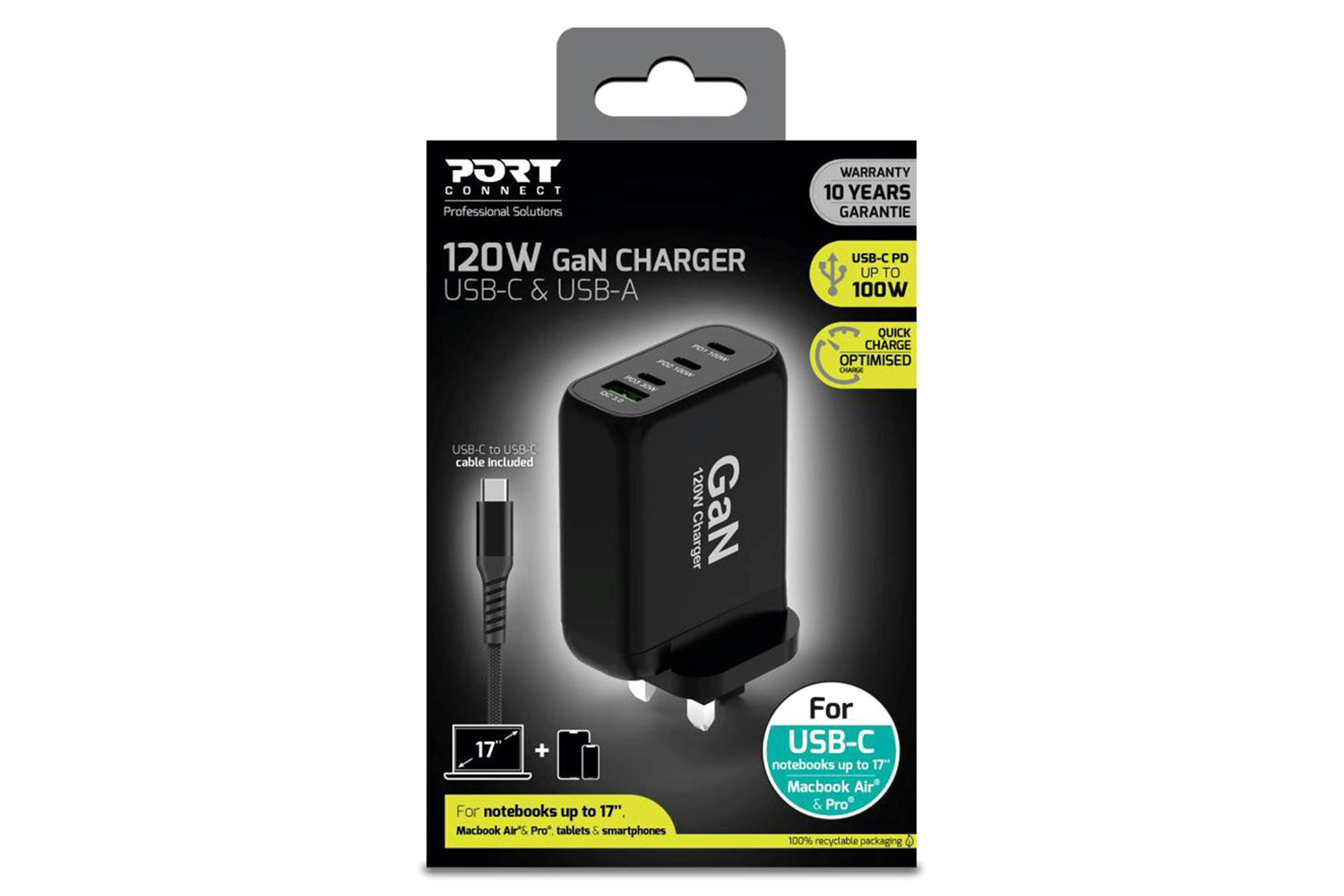 Port Designs 120W 4 Port GaN Wall Charger & UK USB-C Cable | 2m-12