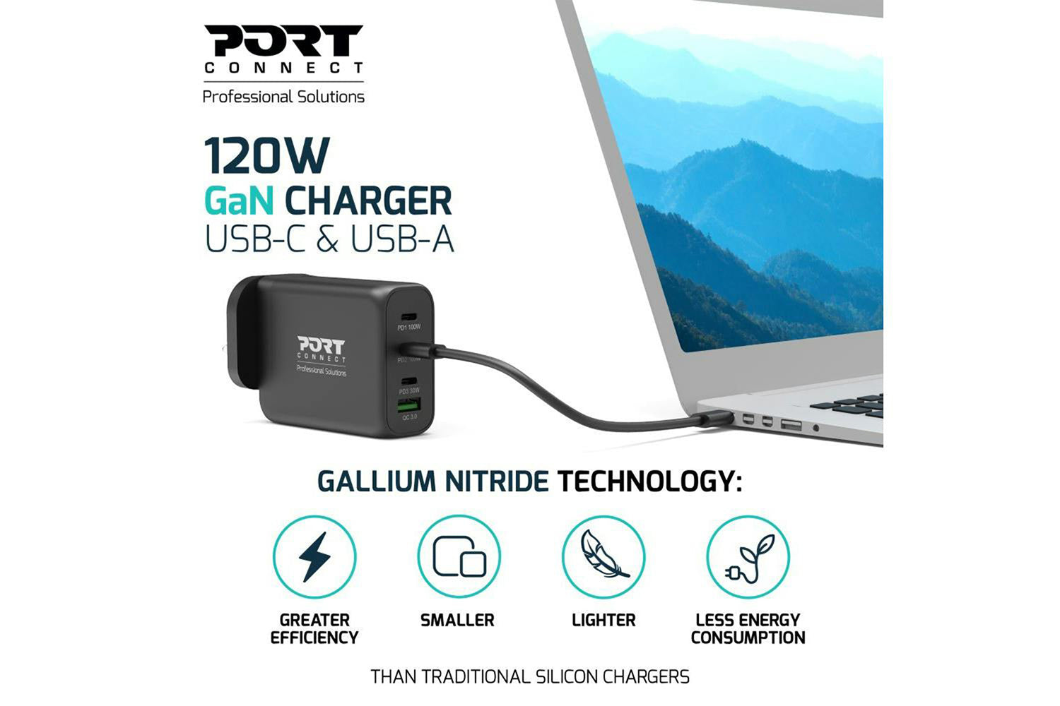 Port Designs 120W 4 Port GaN Wall Charger & UK USB-C Cable | 2m-6