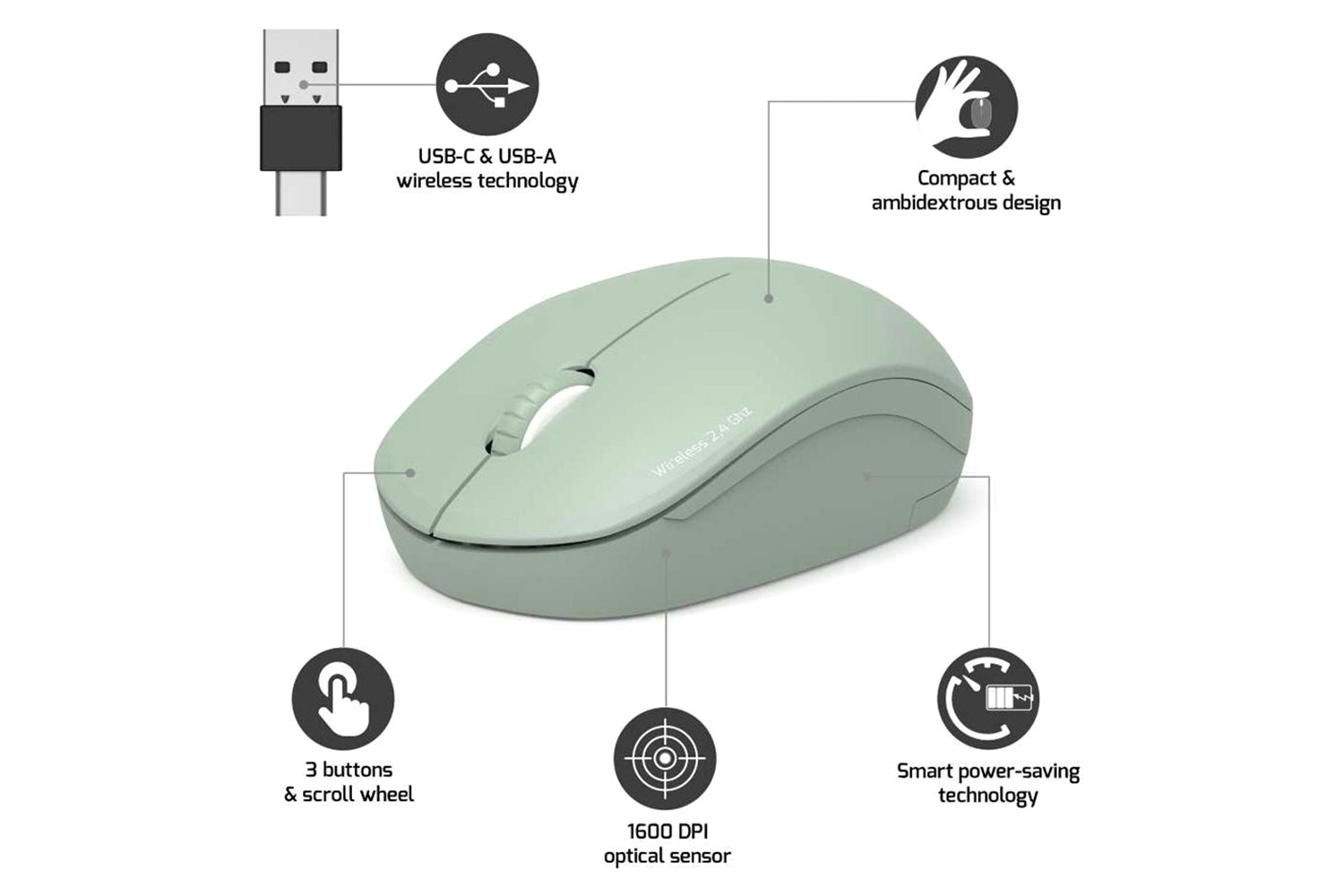Port Designs Wireless Mouse USB-A&C | Olive-6