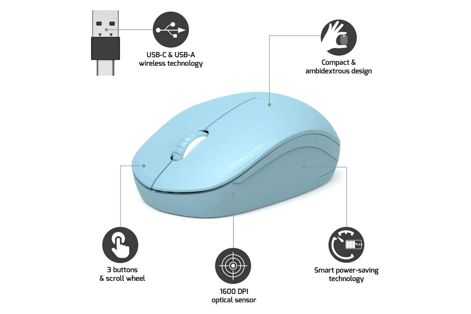 Port Designs Wireless Mouse USB-A&C | Azure-7