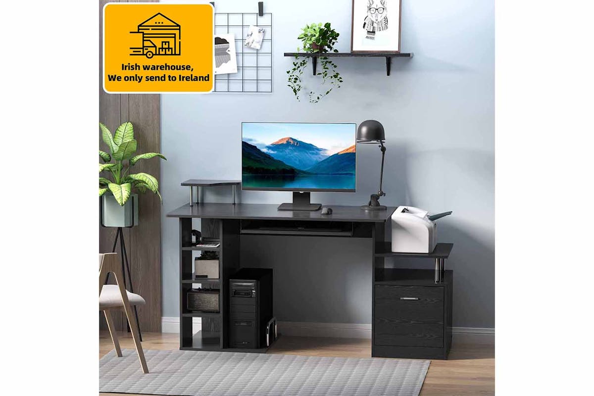Homcom Office Workstation with Drawer & Shelves | Black-2