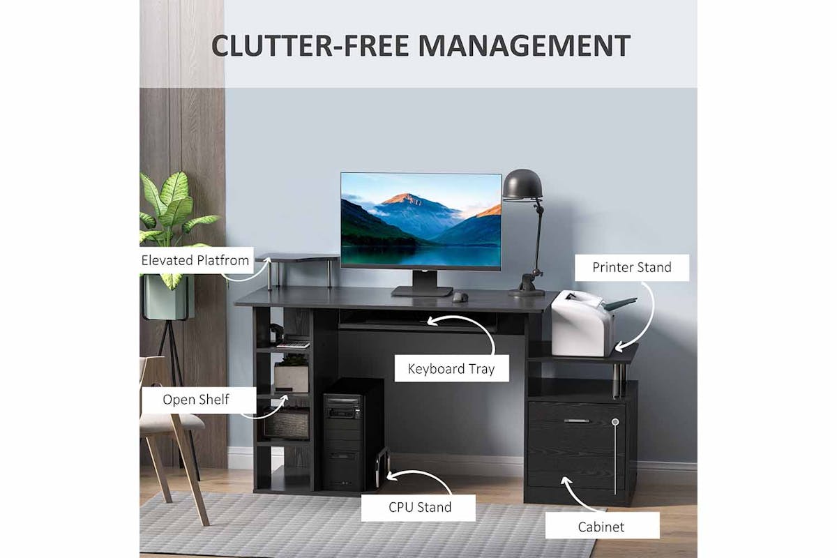 Homcom Office Workstation with Drawer & Shelves | Black-3